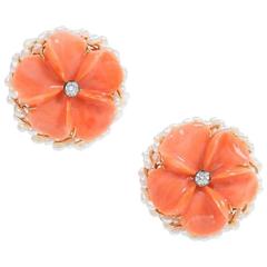 Carved Coral Diamond Pearl Gold Flower Earrings 2