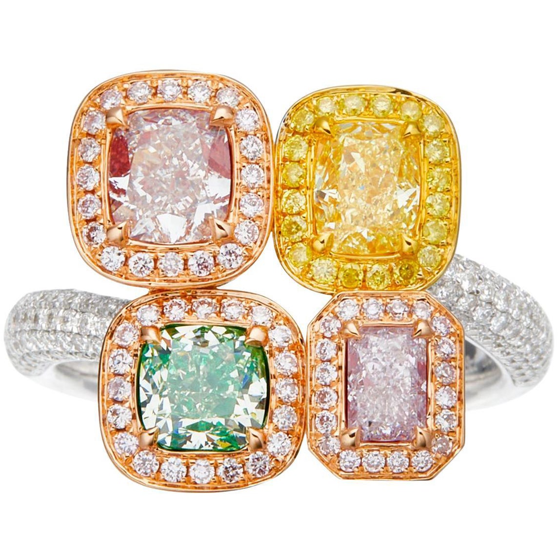 GIA Certified, 4 Stone Natural Fancy Colour Diamond Cushion and Radiant Diamond. For Sale