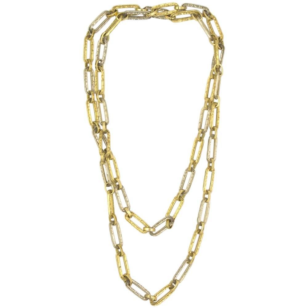 Two-Tone 18 Karat Gold Hammered Long Link Necklace