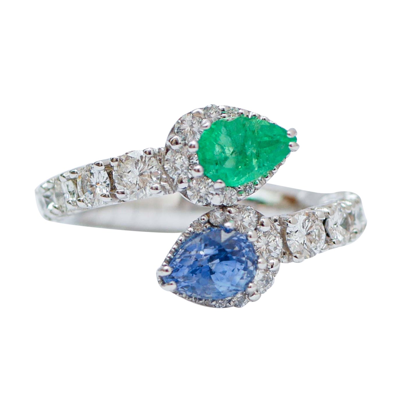 Emerald, Sapphire, Diamonds, 18 Karat White Gold Ring. For Sale