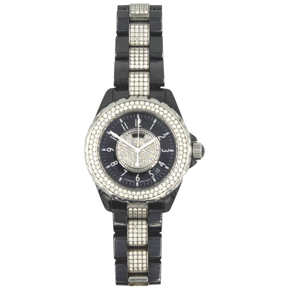 Chanel Ladies Black Ceramic Diamond J12 Quartz Wristwatch at 1stDibs ...