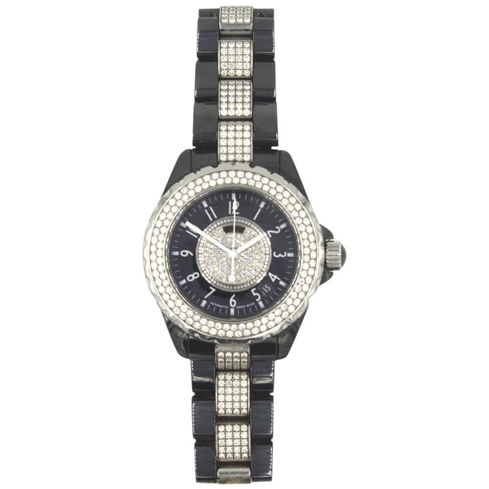 Chanel Ladies Black Ceramic Diamond J12 Quartz Wristwatch