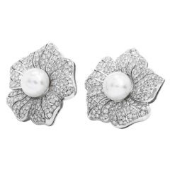 Antique Diamond South Sea Pearl Flower 18K White Gold , Clip on / Collapsible