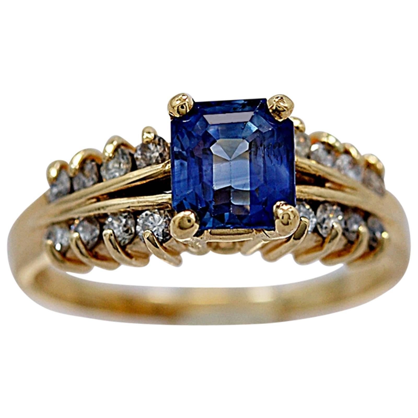 1.50 Carat Sapphire Diamond Gold Engagement Ring  For Sale