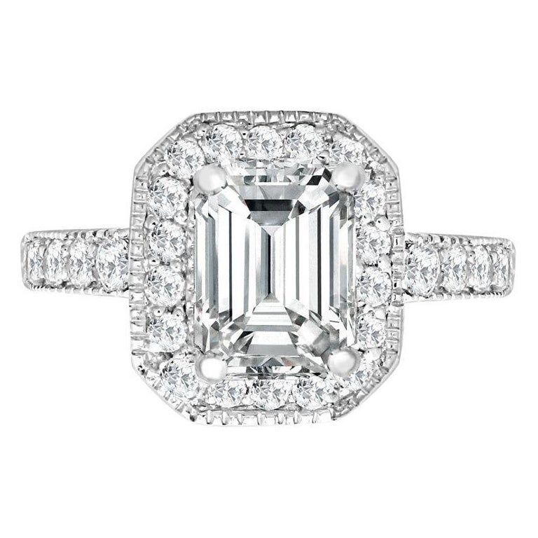 Tresor Paris Bespoke Halo Mount Emerald Cut Centre Round Diamond Engagement Ring For Sale