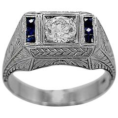 Art Deco .75 Carat Diamond Sapphire Gold Engagement Ring 