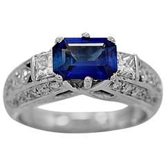 1.50 Carat Natural Sapphire Diamond Gold Engagement Ring 