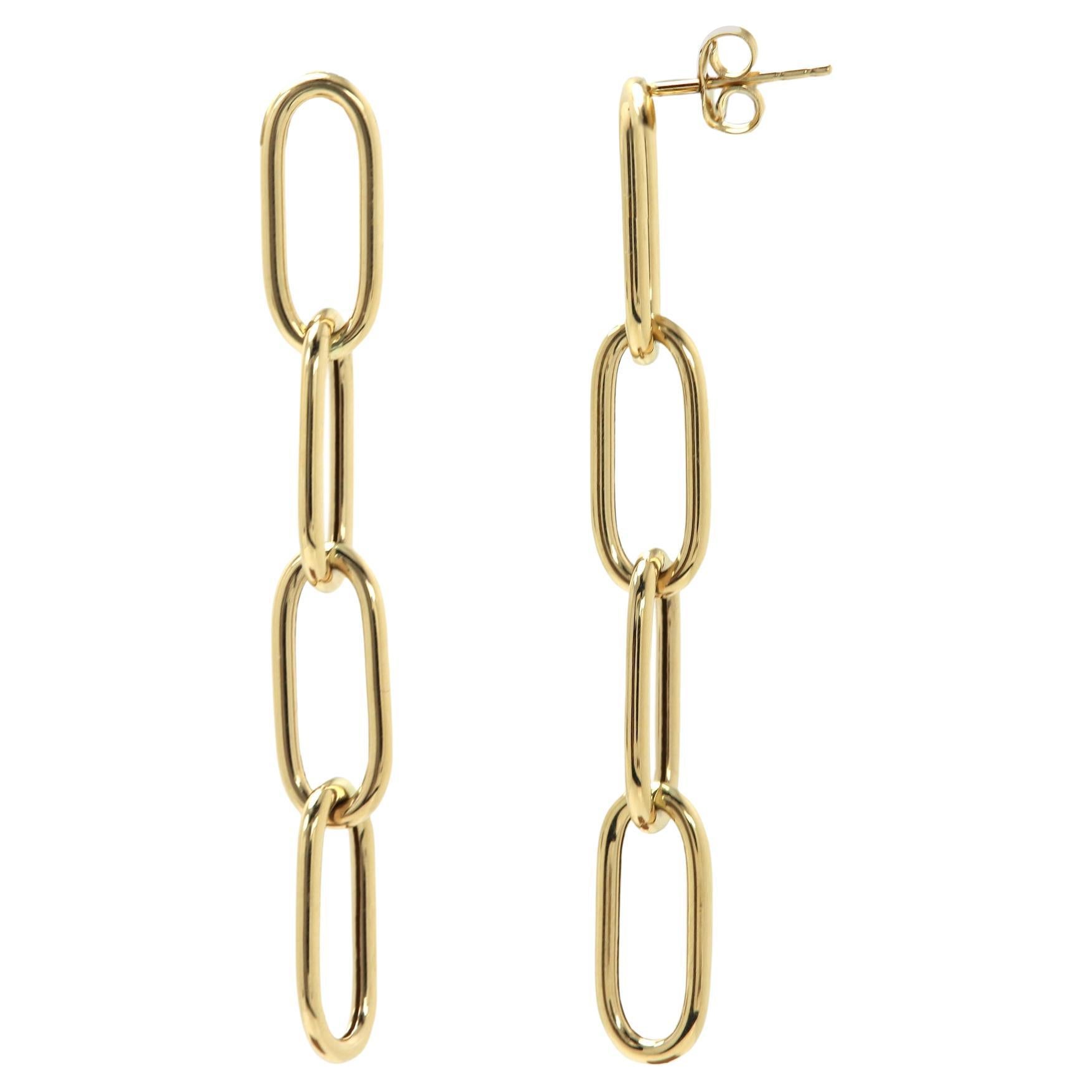 Paperclip 14 Karat Gold Earrings Made in Italy Paper Clip Dangle Earrings For Sale