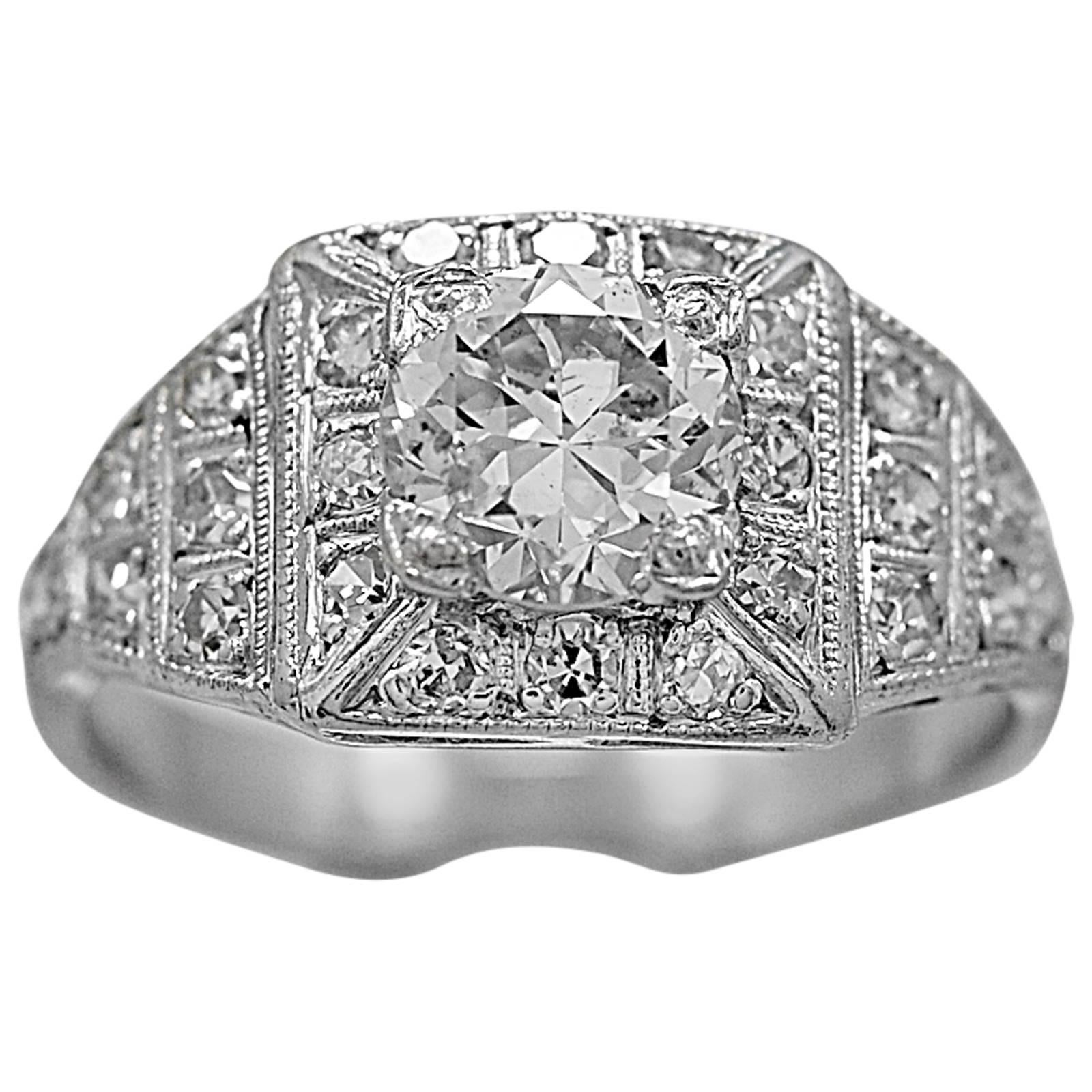 Antique Engagement Ring .97 Carat Diamond & Platinum Art Deco For Sale