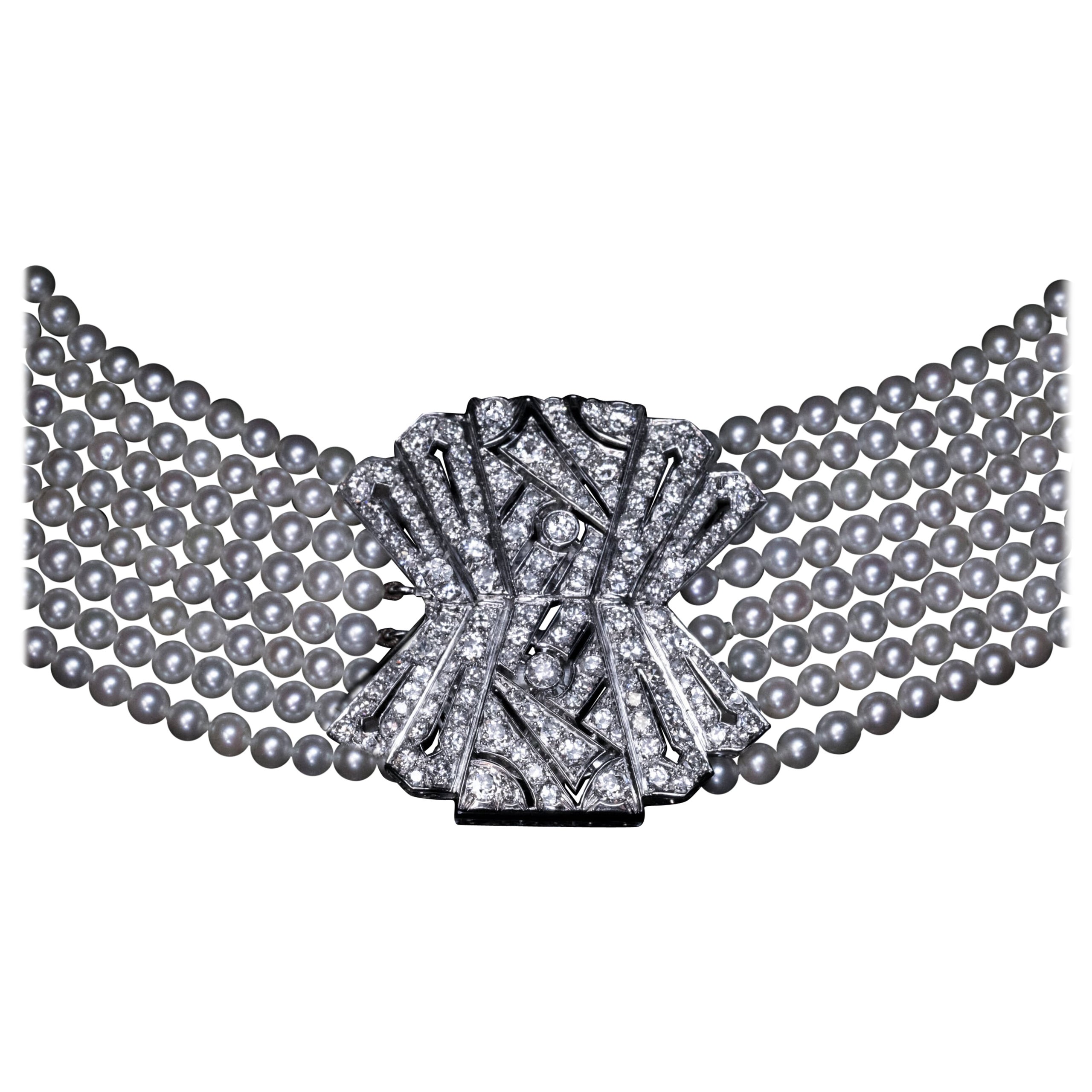 Fine Art Deco Pearl Diamond Choker Necklace For Sale