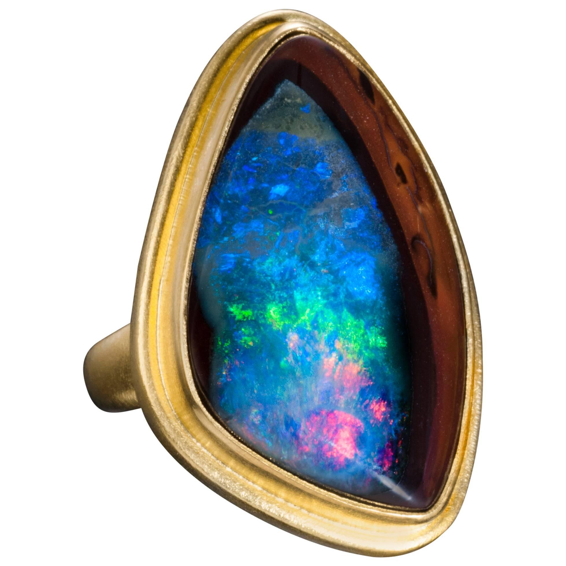 Australian Boulder Opal Diamond Gold Ring For Sale