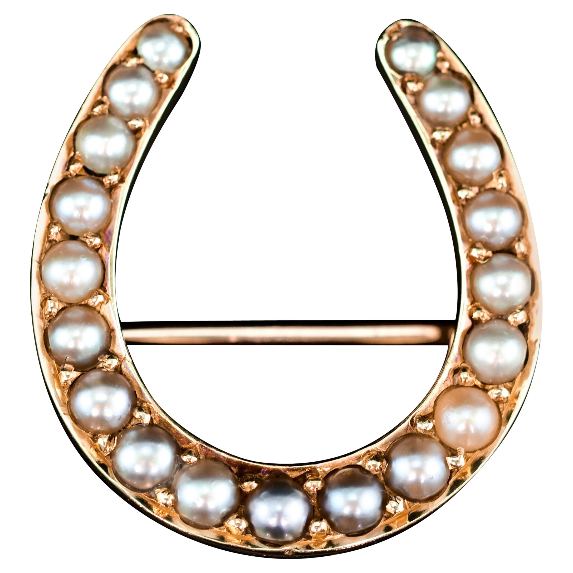 Antique Victorian 14k Gold Horseshoe Pearl Brooch/Pin - c.1860