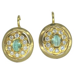 Boucles d'oreilles ovales vintage en or 18 carats avec diamants et tourmaline menthe de 3,50 carats