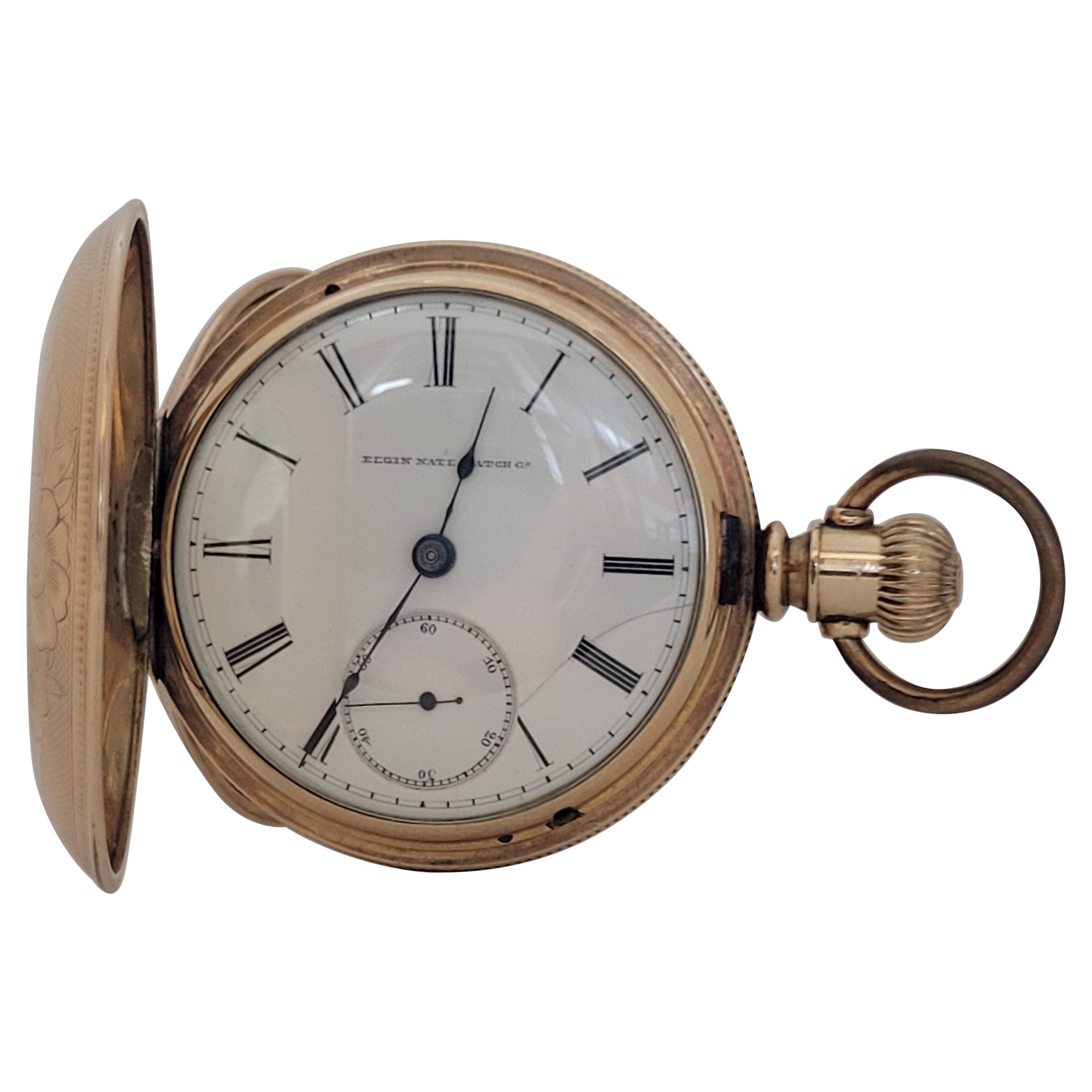 Elgin Gold Plated Pocket Watch, 53mm, 1886 Year, Hunting, Serviced/Warranty  For Sale