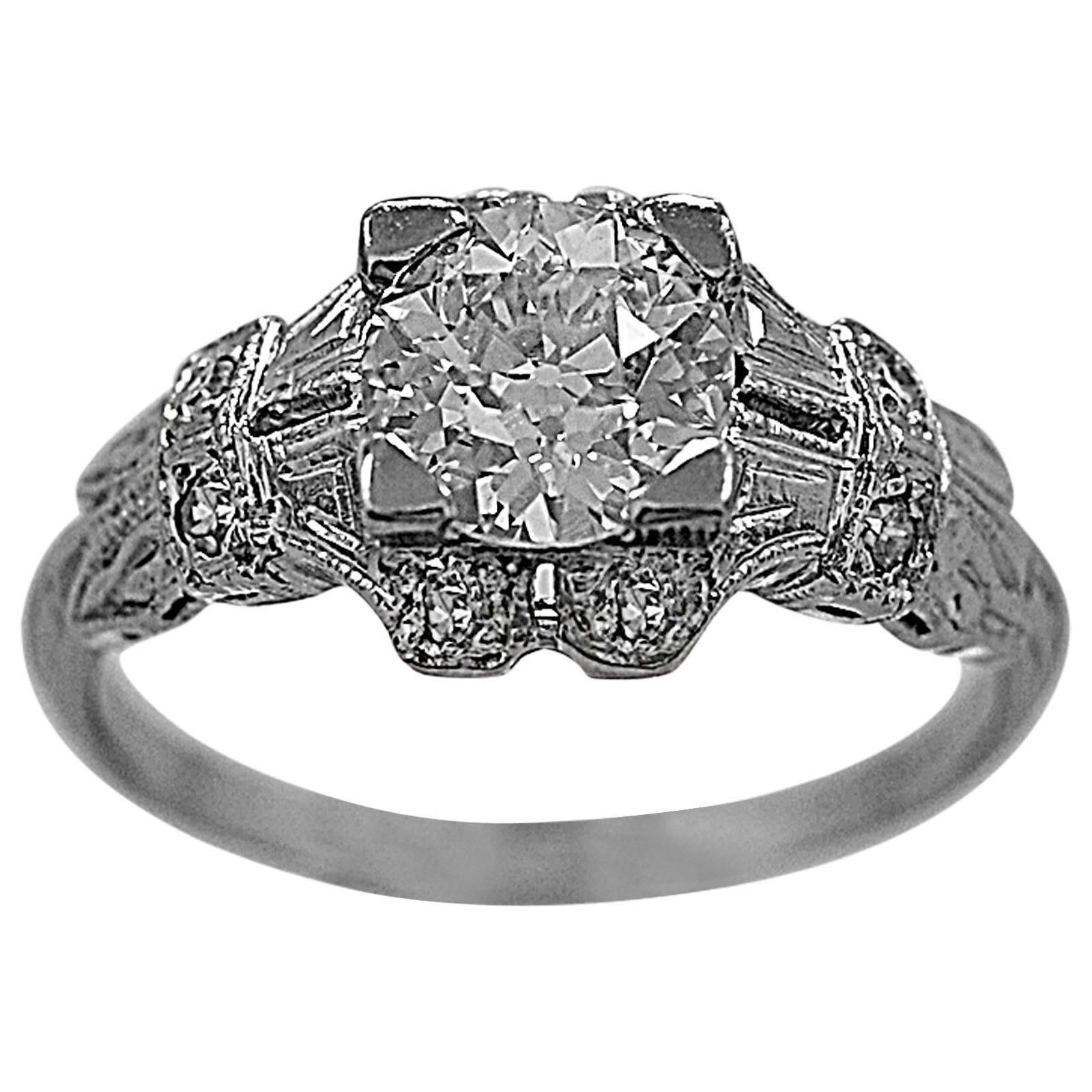 Art Deco Antique Engagement Ring .84 Carat Diamond & Platinum For Sale