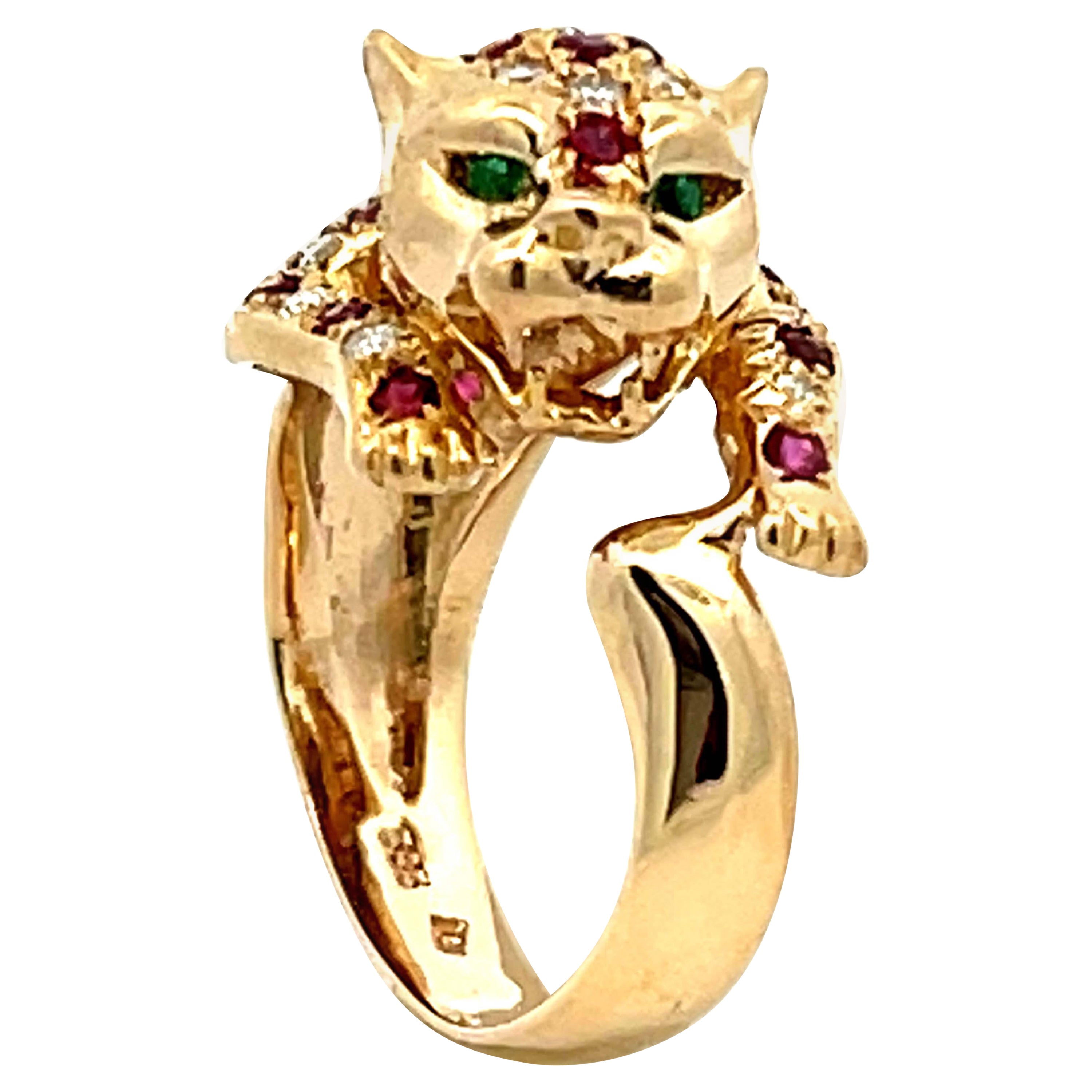 Ruby Diamond Emerald Eye Jaguar Ring 14k Yellow Gold For Sale