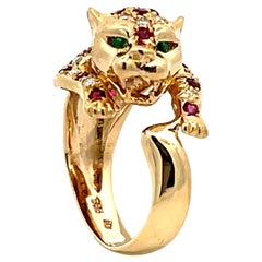Jaguar-Ring aus 14k Gelbgold mit Rubin, Diamant und Smaragd für das Auge