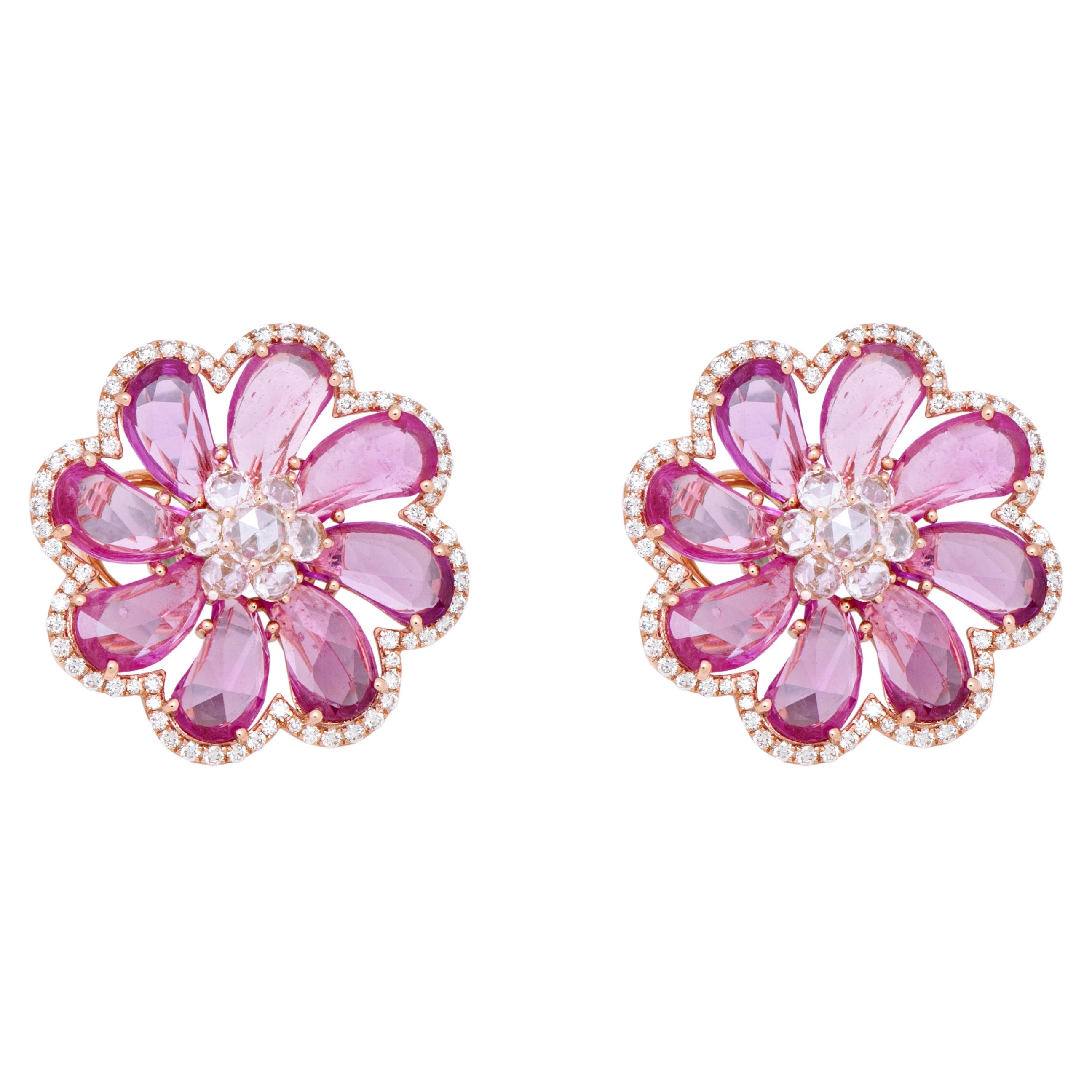 18 Karat Rose Gold 7.24 Carats Pink Sapphire and Diamond Flower Stud Earrings For Sale