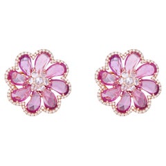 18 Karat Rose Gold 7.24 Carats Pink Sapphire and Diamond Flower Stud Earrings
