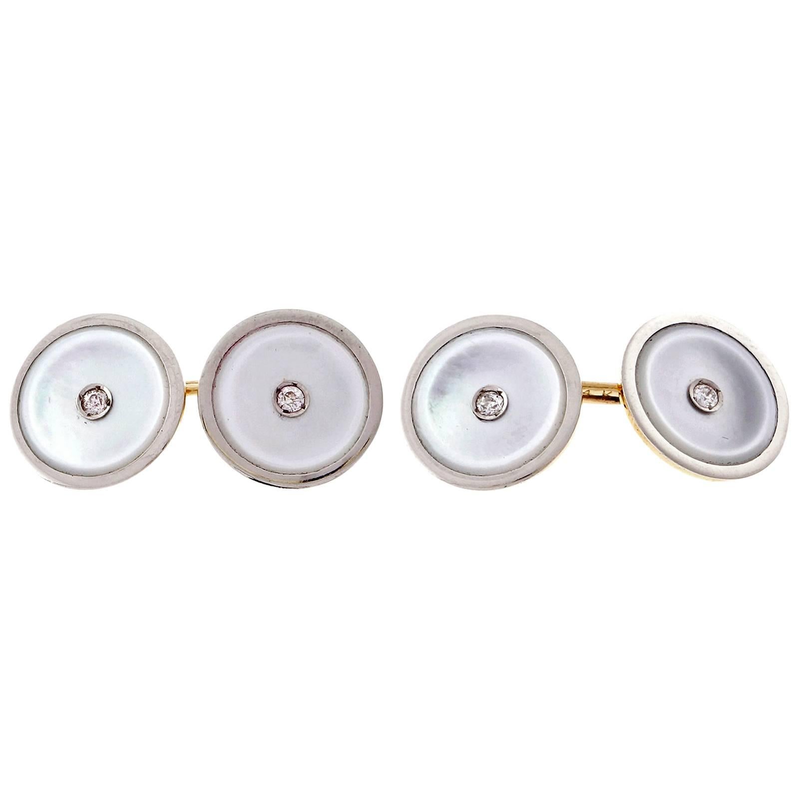 Mother of Pearl Diamond Gold Platinum Cufflinks  For Sale
