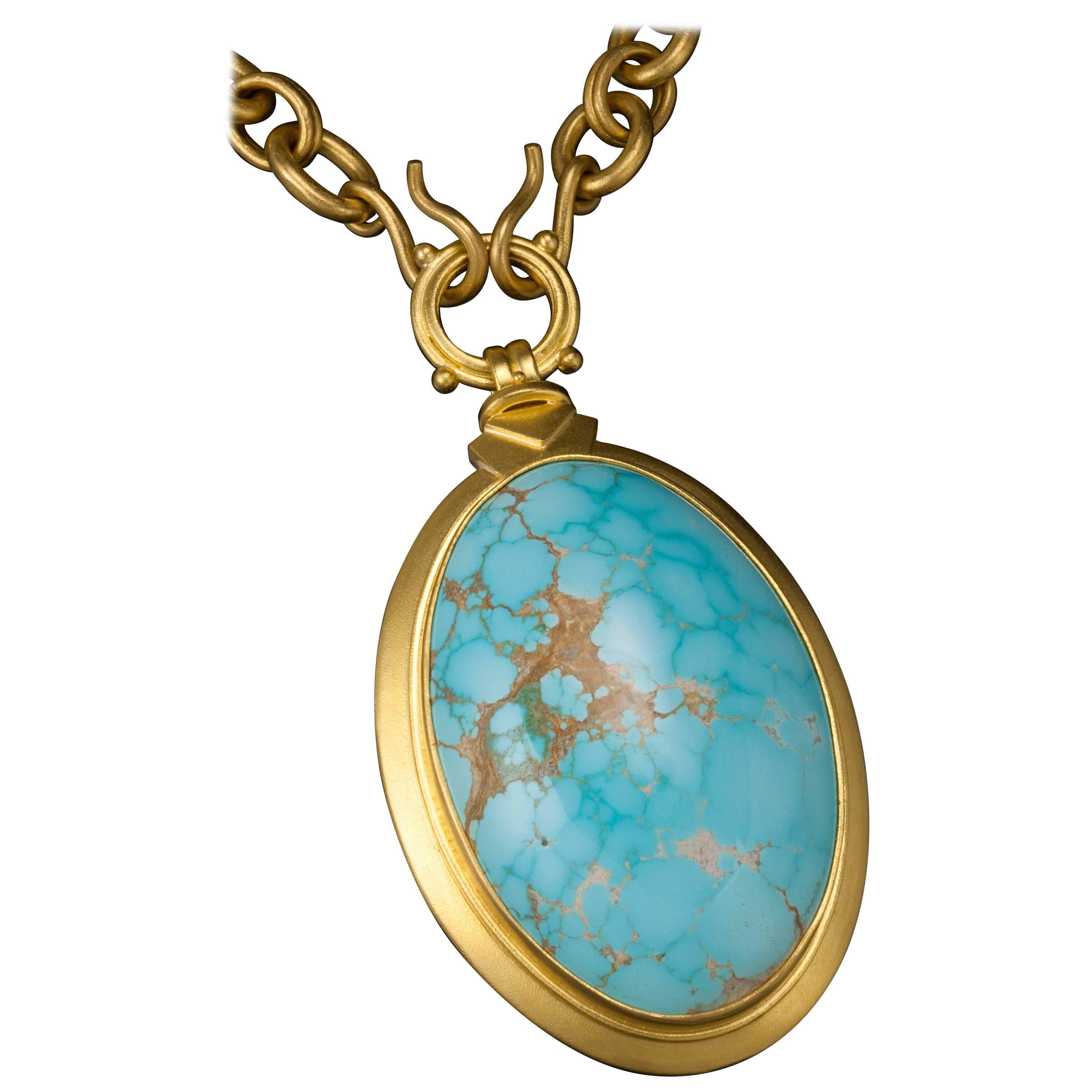 Large Turquoise Gold Drop with Handmade Chain For Sale