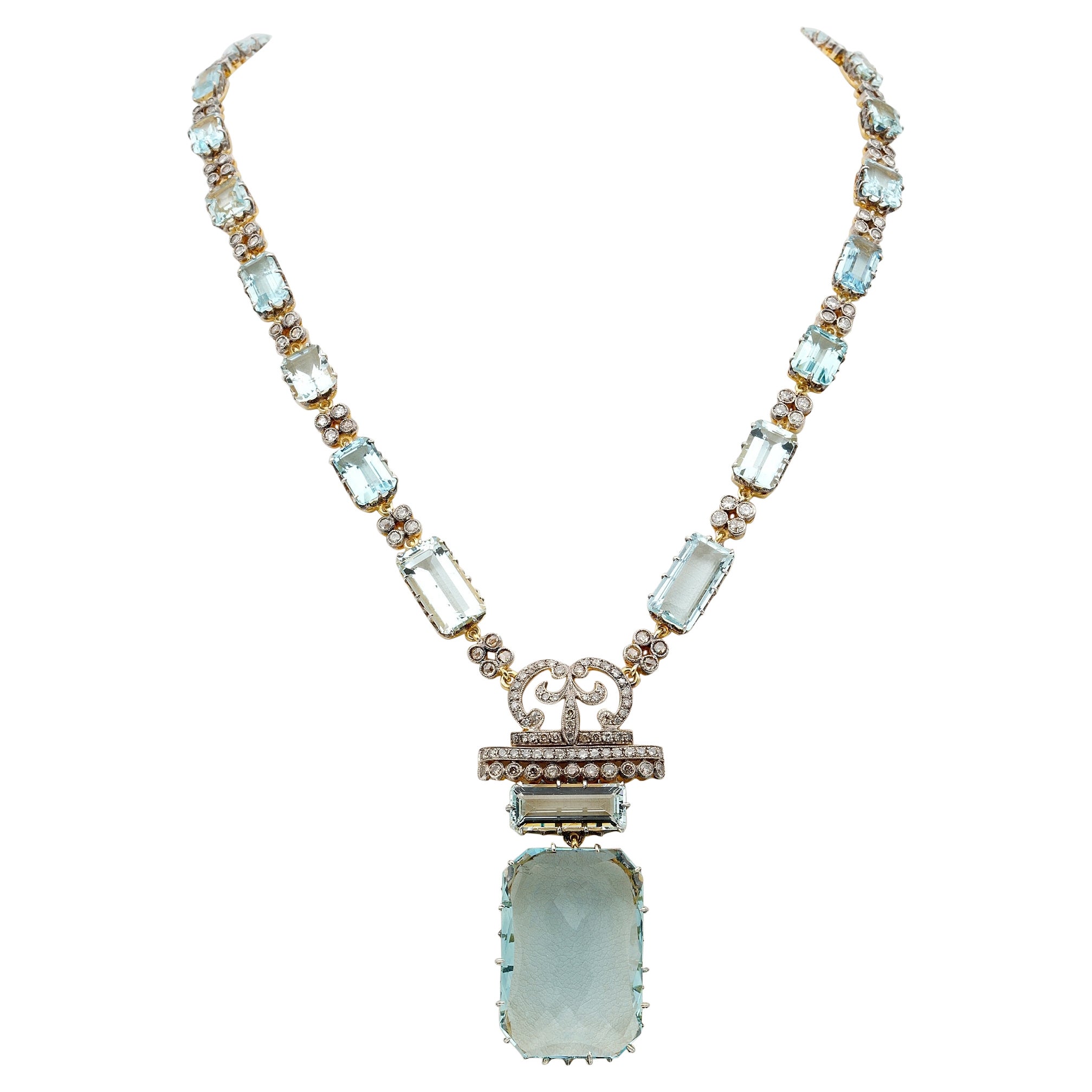 Art Deco 48.83 Ct Aquamarine 4.25 Ct Diamond Rare 18 Kt /Plat Necklace For Sale