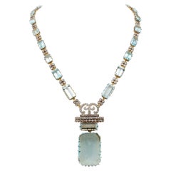 Vintage Art Deco 48.83 Ct Aquamarine 4.25 Ct Diamond Rare 18 Kt /Plat Necklace