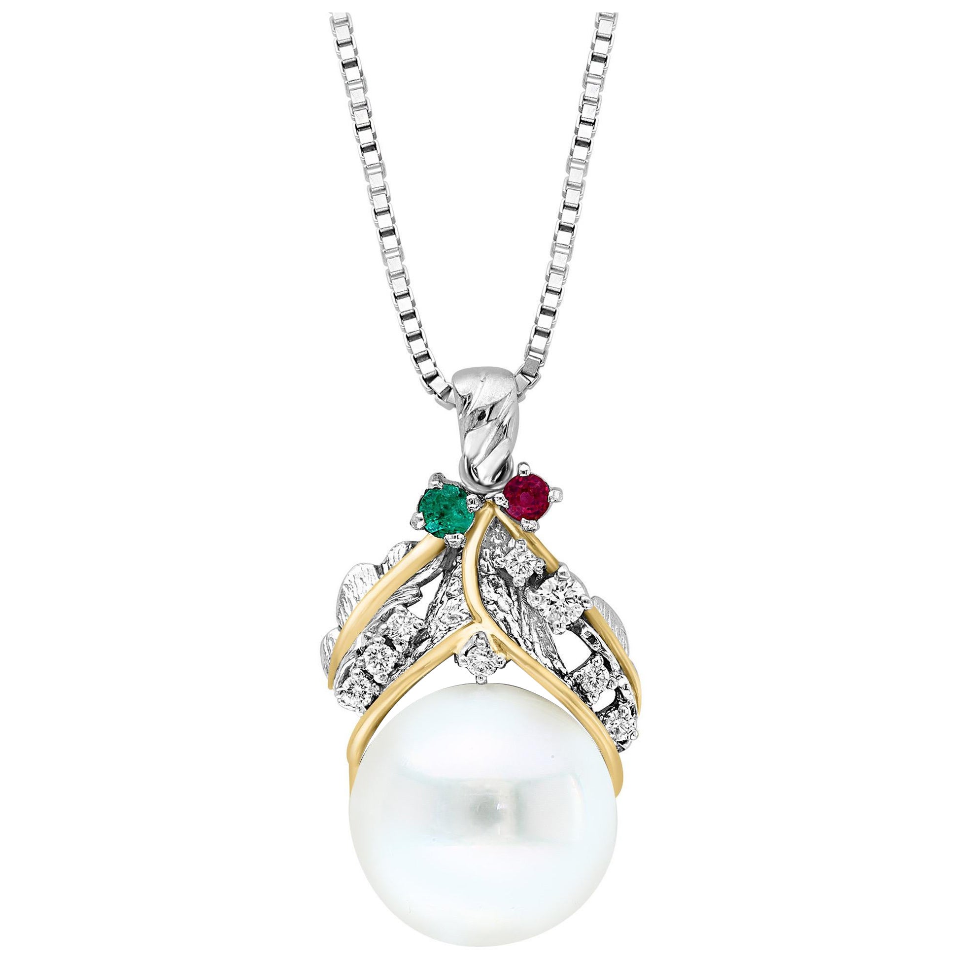 14mm South Sea Cultured Pearl & Diamond 18 K Gold Two Tone Pendant + Chain 14 KG For Sale