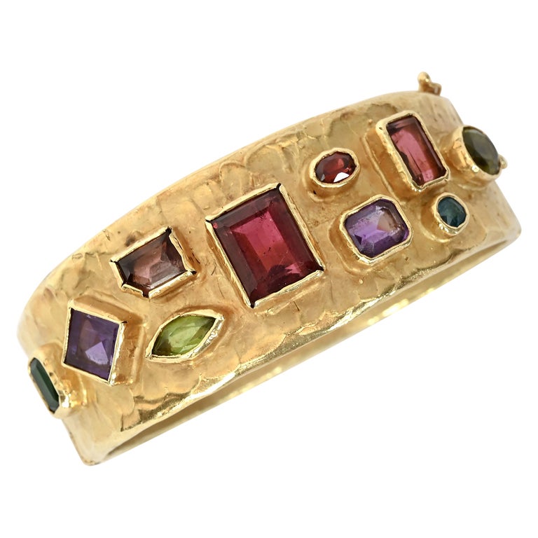 C. 1990 Vintage Multi-Gemstone Inlay and .25 ct. t.w. Diamond Bangle  Bracelet in 14kt Yellow Gold. 7