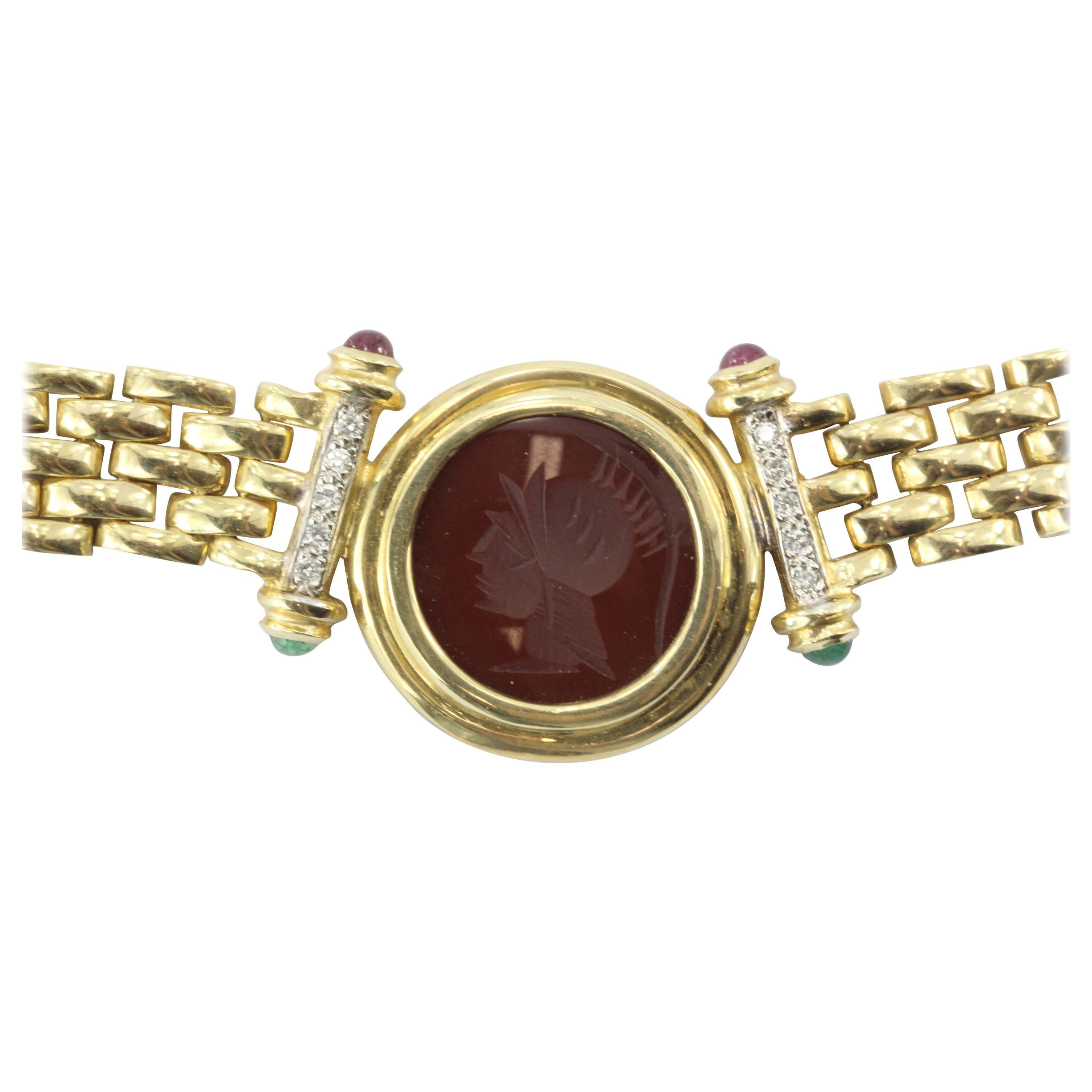 Carnelian Emerald Ruby Diamond Gold Greek Warrior Necklace