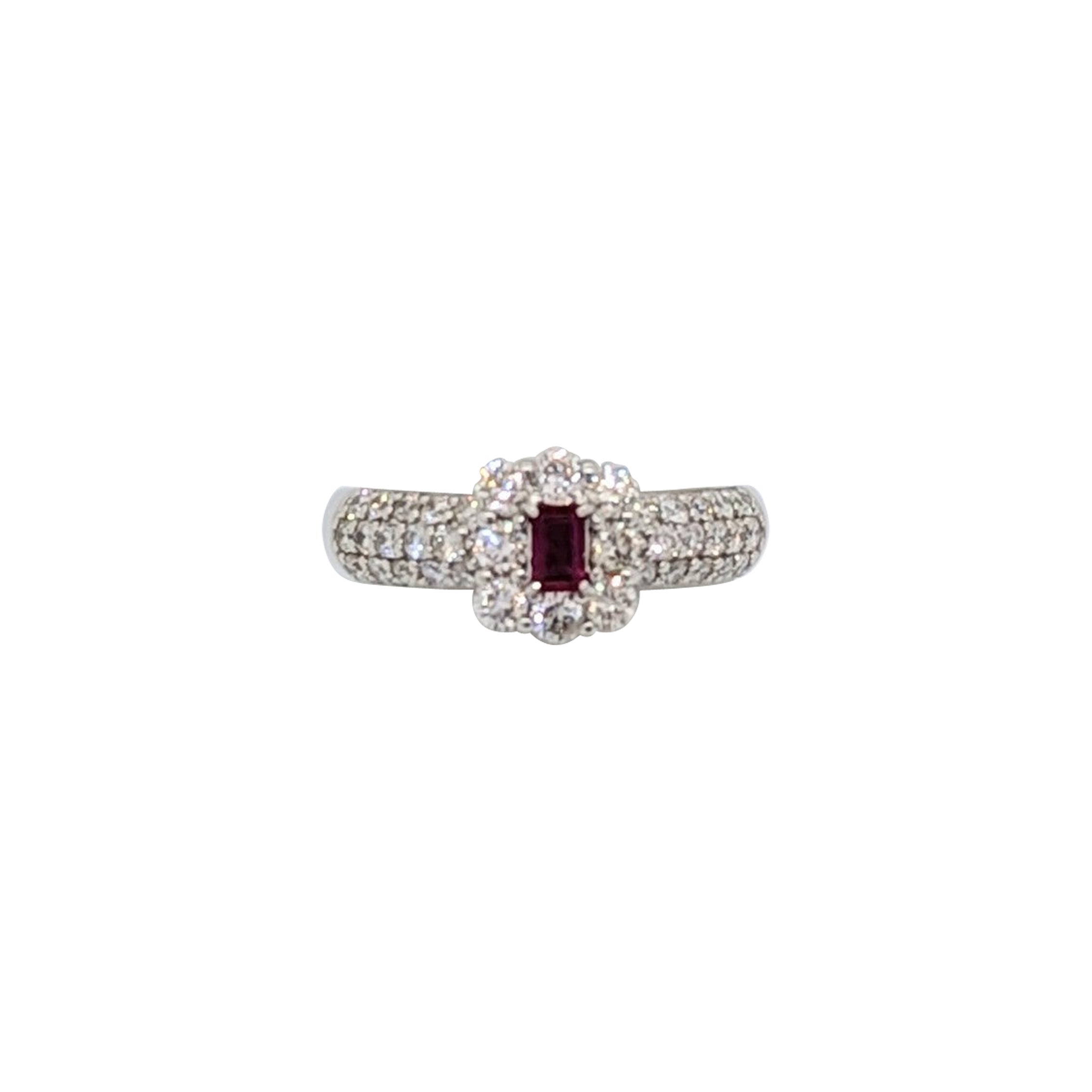 Ruby Emerald Cut and White Diamond Round Ring in Platinum