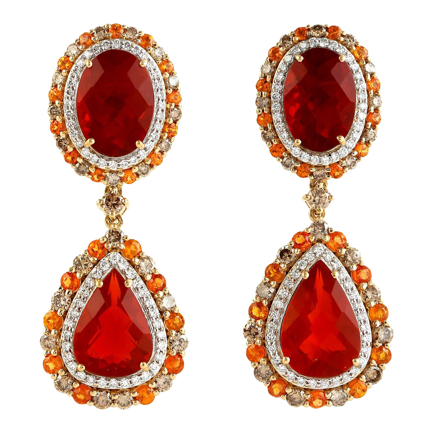 Two Tier Mexican Fire Opal Earrings With Mandarine Garnet In 18k Yellow Gold For Sale