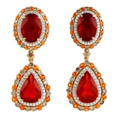 Two Tier Mexican Fire Opal Earrings With Mandarine Garnet In 18k Yellow Gold