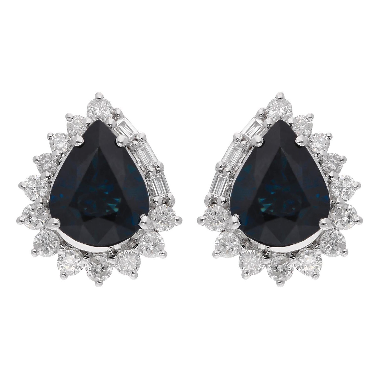 Pear Blue Sapphire Gemstone Stud Earrings Diamond 18 Karat White Gold Jewelry For Sale