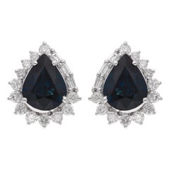 Pear Blue Sapphire Gemstone Stud Earrings Diamond 18 Karat White Gold Jewelry
