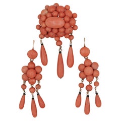 Antique French Victorian Coral Earrings and Brooch suite 18 KT