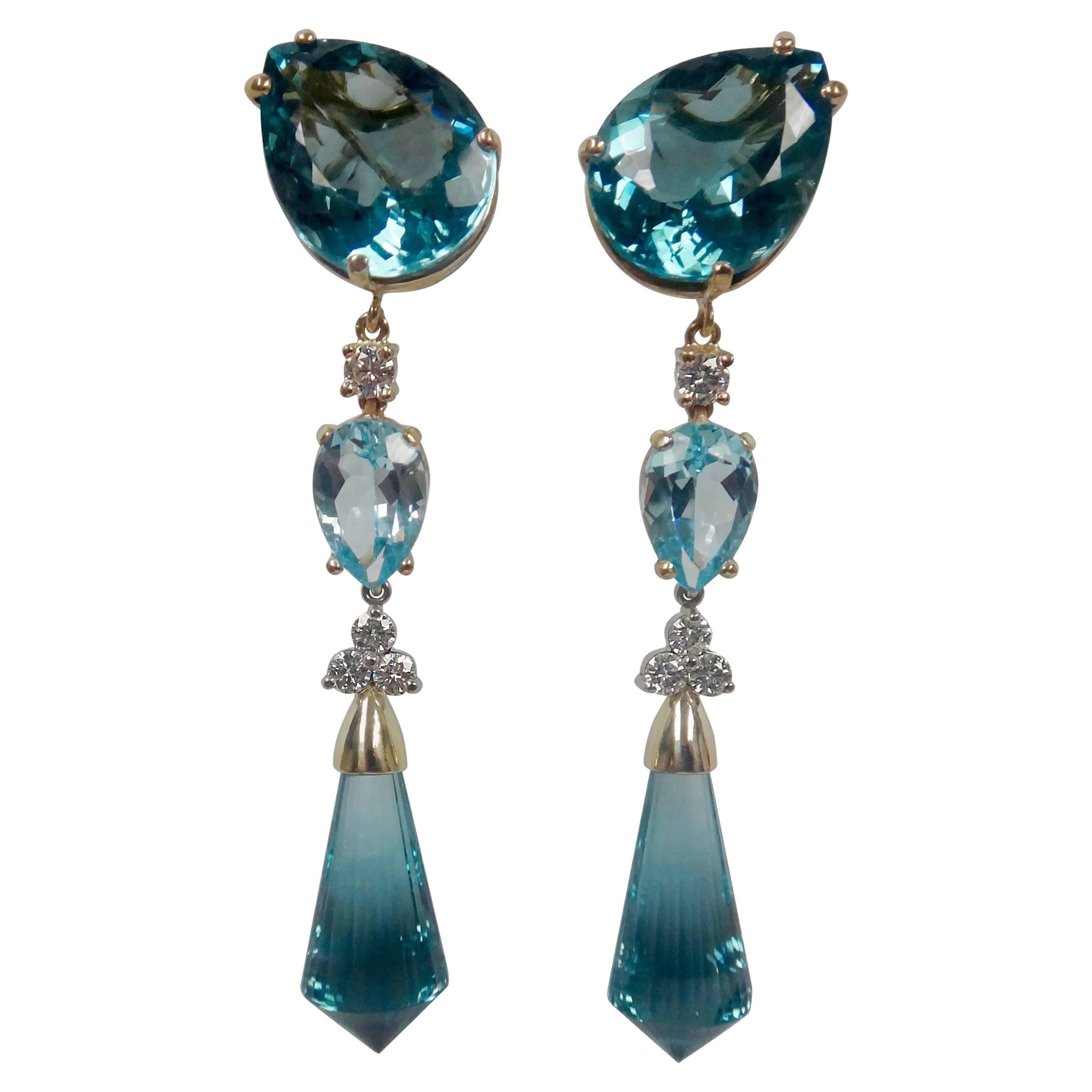 Three Color Blue Topaz Briolette Diamond Dangle Drop Earrings