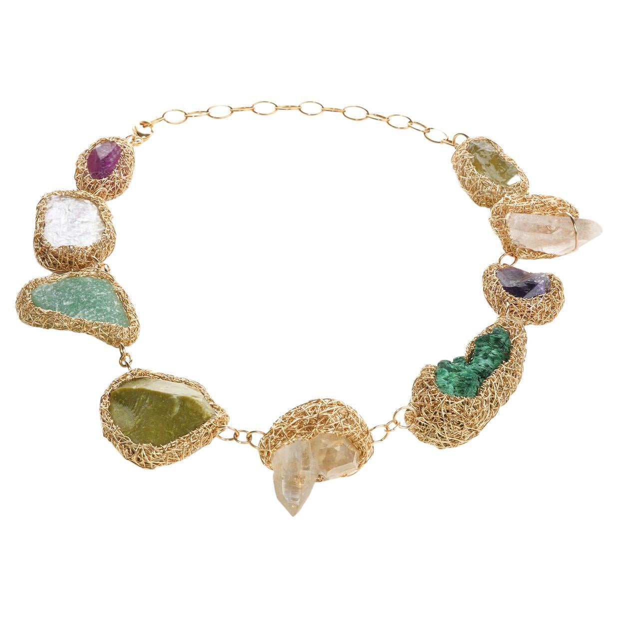 Statement multicolour raw stone Necklace in 14 Kt Yellow Gold F by the artist For Sale
