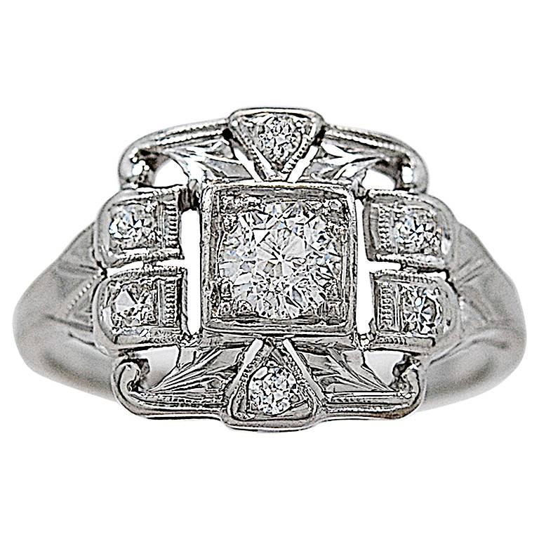 Art Deco .33 Carat Diamond Gold Engagement Ring For Sale