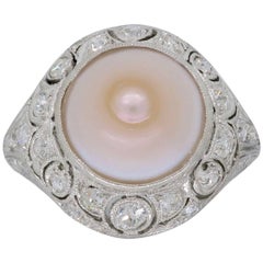 Platinum Vintage Pearl and Old European Cut Diamond Ring