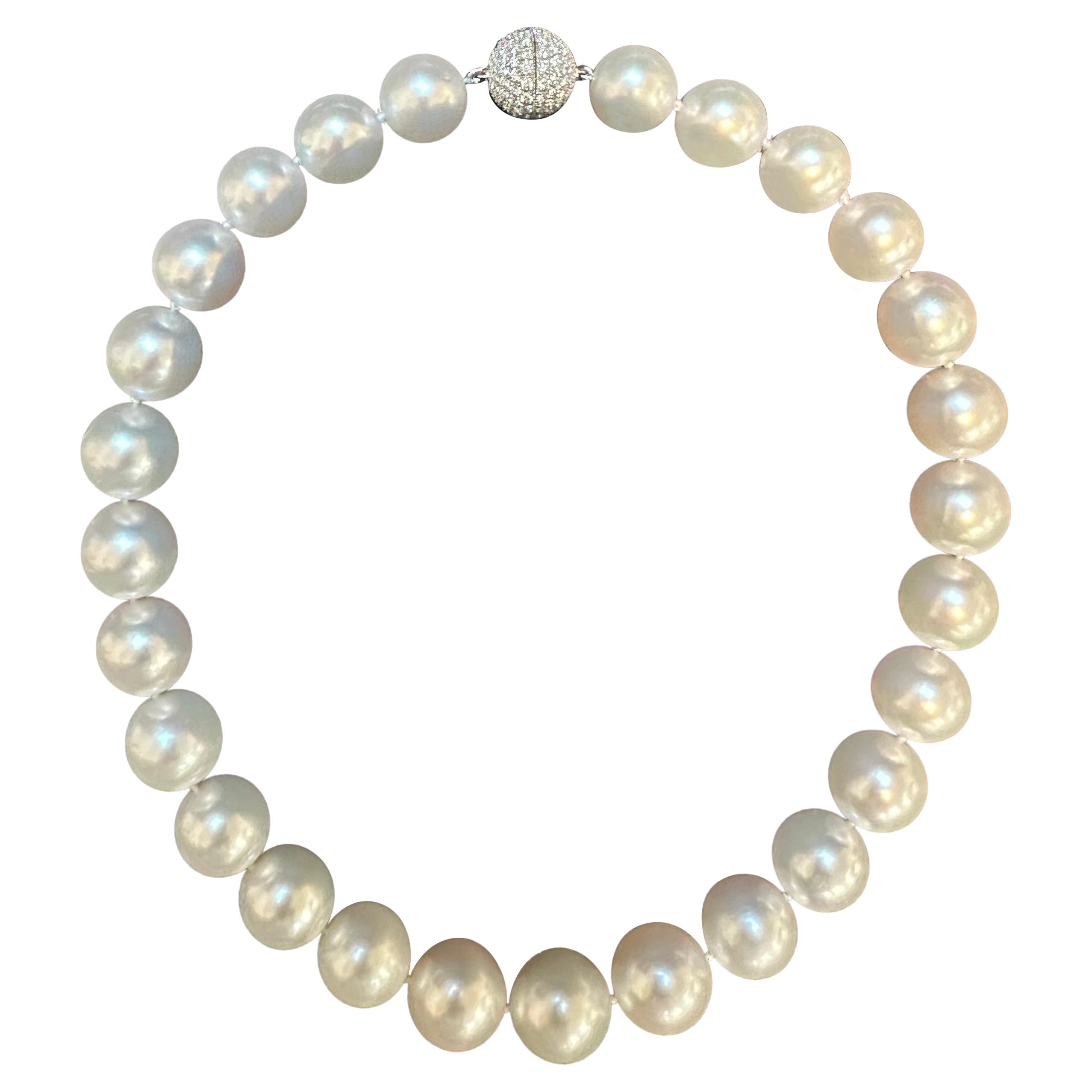 13-16 mm White South Sea Round Pearl Necklace - AAA Quality, 27 P, Diamond Ball For Sale