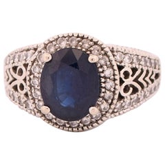 Vintage 14K White Gold Sapphire Ring w Diamond Halo Openwork Design R-323HPT-G62