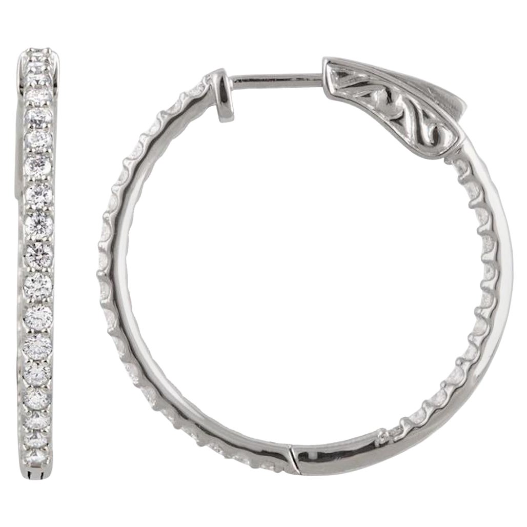 14K White 3.00 Carat Diamond Inside-Outside Hinged Hoop Earrings For Sale