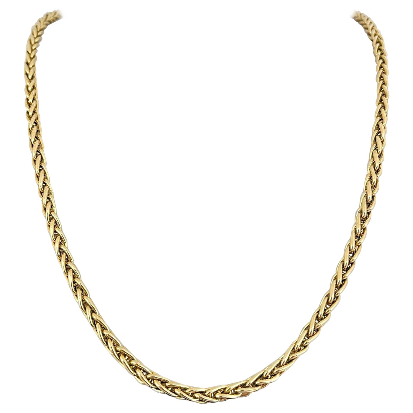 14 Karat Yellow Gold Long Polished Wheat Link Necklace  For Sale