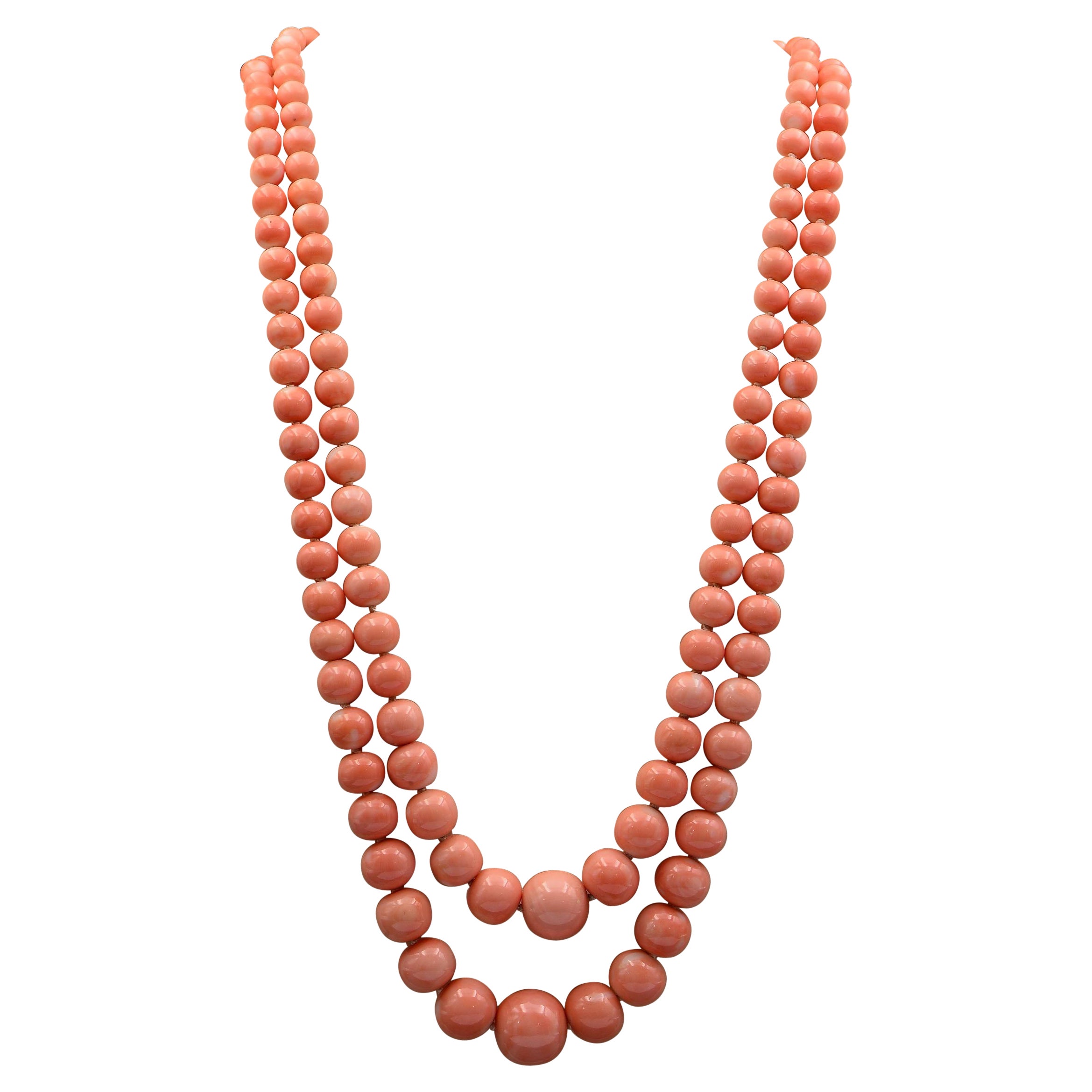 Double Strand Salmon Red Coral Necklace Diamond Clasp For Sale