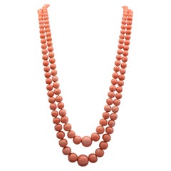 Used Double Strand Salmon Red Coral Necklace Diamond Clasp