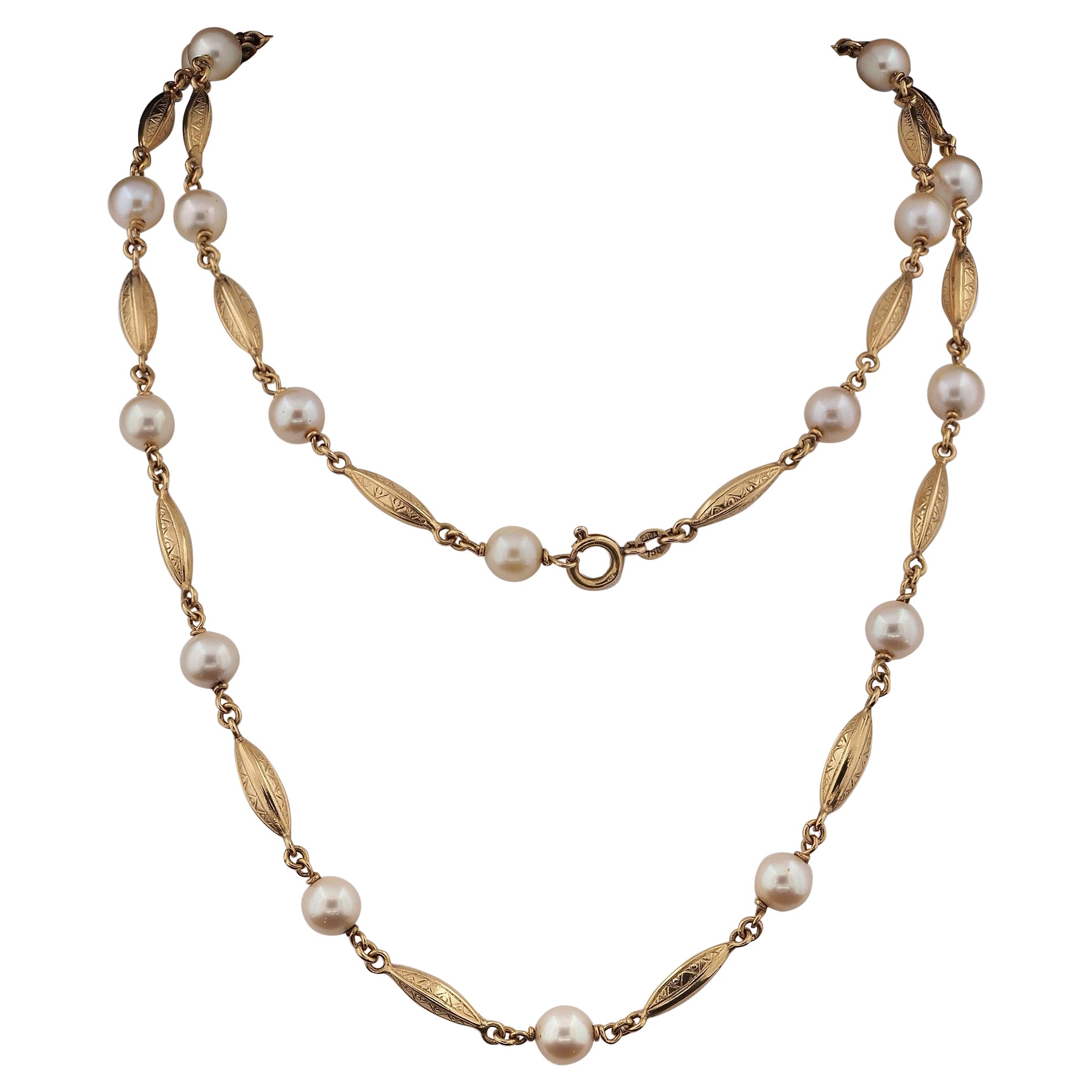Spätes Art Deco Perlen Soutoir Seltene Halskette 18 KT Gold