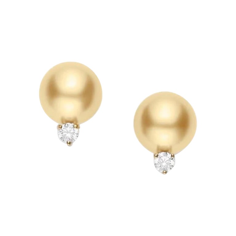15 mm Round Golden  South Sea Pearl & 1 Ct Diamond Cocktail Stud Earrings 14 KG For Sale