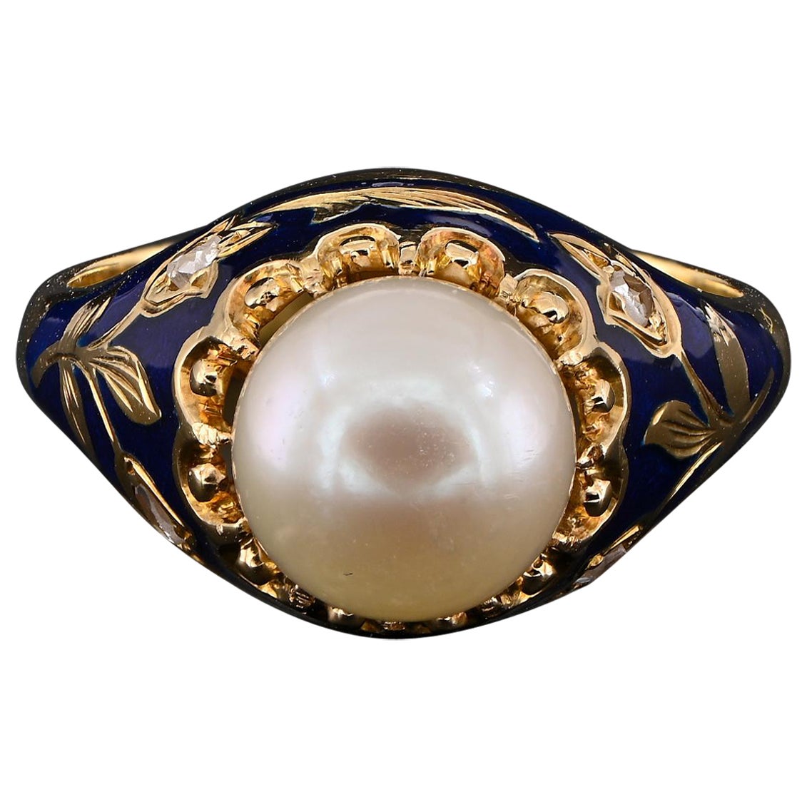Art Nouveau Pearl Diamond Royal Blue Enamel Ring