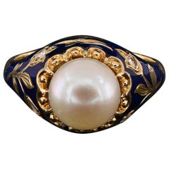 Art Nouveau Pearl Diamond Royal Blue Enamel Ring